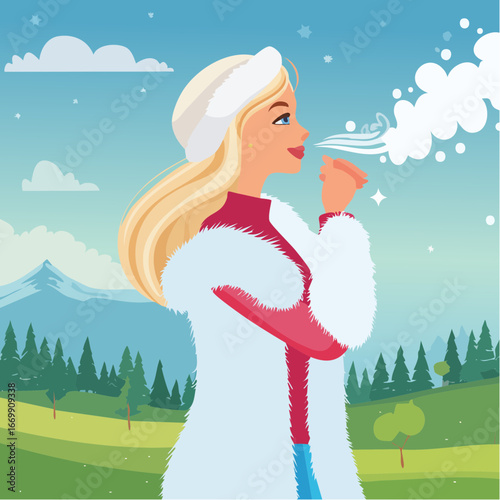 Beautiful blonde woman in white fur puffing.