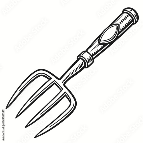 Black and white line drawing of a vintage garden fork with four tines and a decorative handle pitchfork