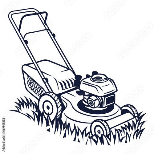 Black and White Illustration of a Lawn Mower in Grass cutting gardening