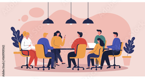 Diverse business team collaborating in a modern office meeting room, discussing strategy and working together. Ideal for corporate, teamwork, and professional concepts.