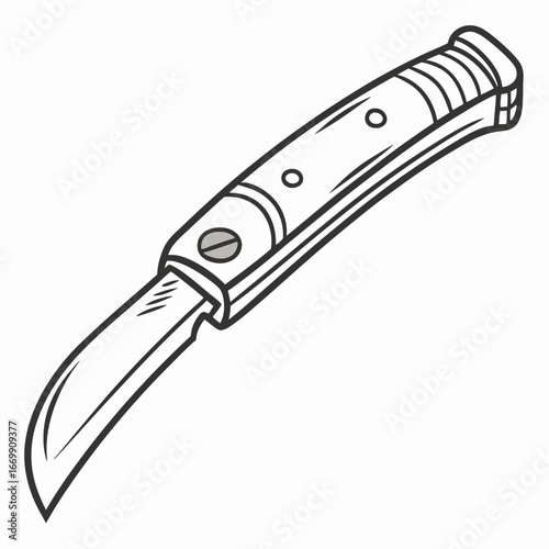 Cartoon illustration of a closed folding knife with a curved blade and a textured handle on a white background