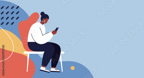 Modern illustration of a young woman sitting and engaging with her smartphone, symbolizing digital communication, online leisure, and connectivity.