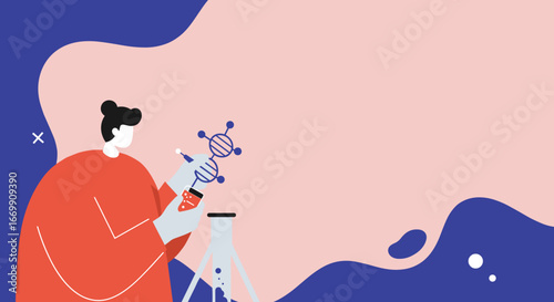 Scientist working in a lab with a test tube and DNA model, representing scientific research, medical breakthroughs, and innovation.