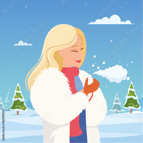 Beautiful blonde woman in white fur puffing.