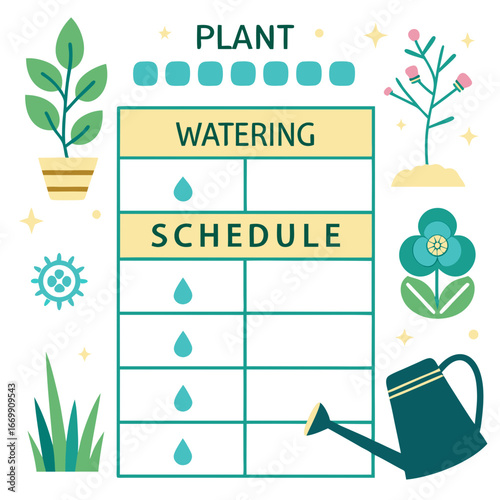 Flat design illustration of a plant watering schedule with plants, watering can, and schedule grid calendar