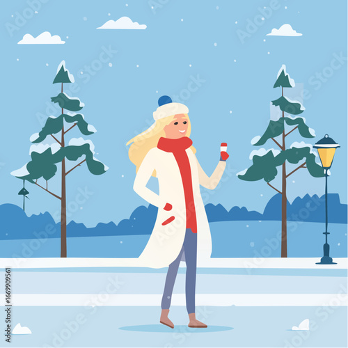 Beautiful blonde woman in white fur puffing.