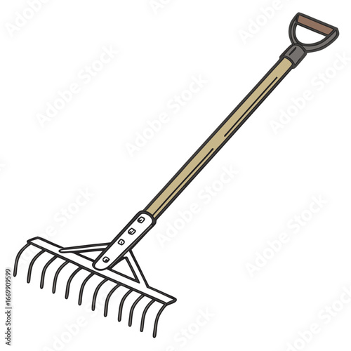 Garden rake with wooden handle and metal tines on a white background garden tool gardening