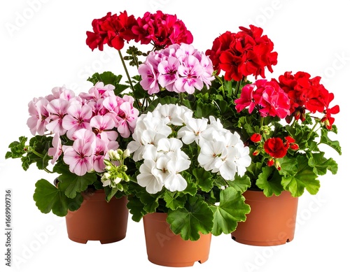 Three potted geraniums in various colors