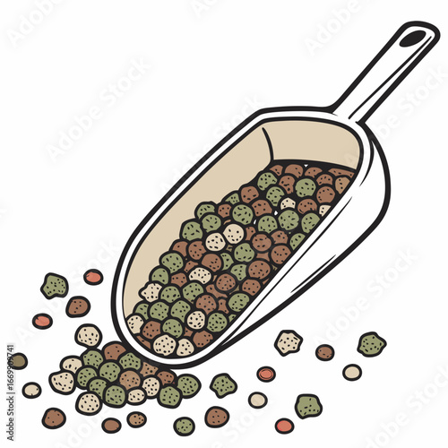 Hand Drawn Scoop Filled With Mixed Peppercorns And Scattered On White Background spice seasoning