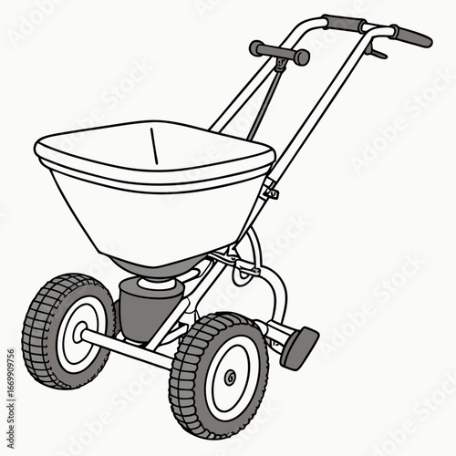 Hand Drawn Fertilizer Spreader With Two Wheels And Handle On White Background lawn spreader garden spreader