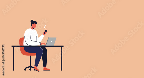Modern person working remotely at a desk with a laptop and smartphone. Illustrates digital communication, productivity, and flexible work lifestyle.