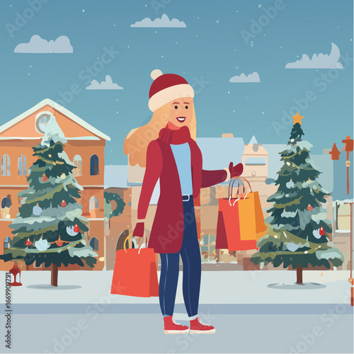 Beautiful blonde girl doing Christmas winter shopping