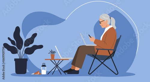 Senior woman working remotely on laptop and phone, embracing modern technology for business or leisure in a comfortable setting.