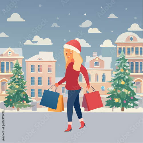 Beautiful blonde girl doing Christmas winter shopping