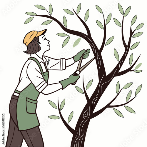Person pruning a tree with pruning shears, wearing gardening attire horticulture