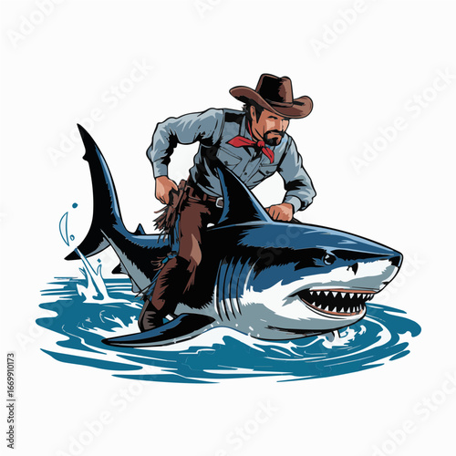 Cowboy illustration of fish rodeo scene koi shark for art poster t-shirt graphic