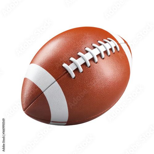 3D rendered image of a brown American football with white stripes, laces, and a black background