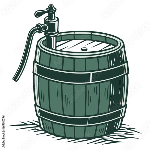Vintage Wooden Barrel with Tap and Hose on White Background cask