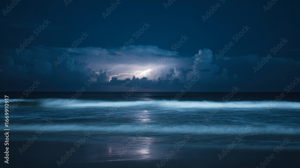 Naklejka premium Minimalistic night seascape with a single lightning strike illuminating the dark sky