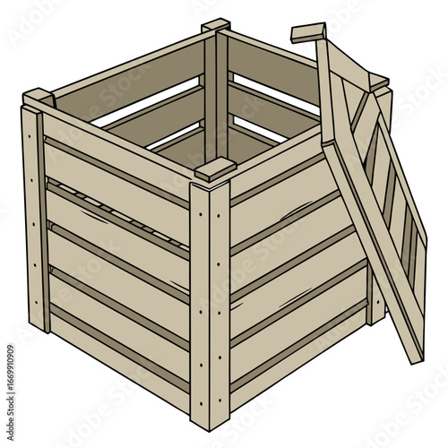 Wooden compost bin with open lid and slatted sides on a white background wooden bin garden