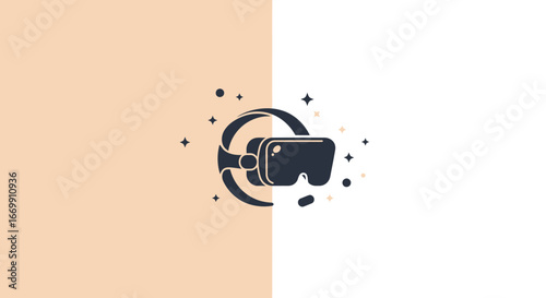 A minimalist icon of a virtual reality headset with sparkles on a split beige and white background.
