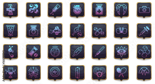A grid of thirty vibrant gradient outline icons depicting various medical, scientific, and health symbols on dark square backgrounds.