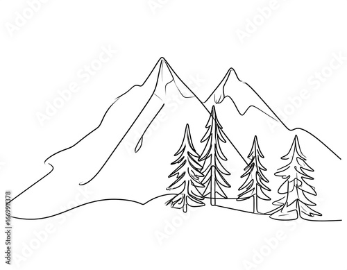 Simple line drawing of snowy mountains and trees