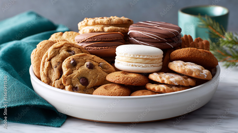 Fototapeta premium Assorted Cookie and Macaron Variety in White Bowl for Holiday Treat