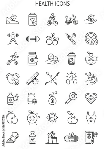 Collection of line art icons representing health, wellness, and healthy lifestyle choices.
