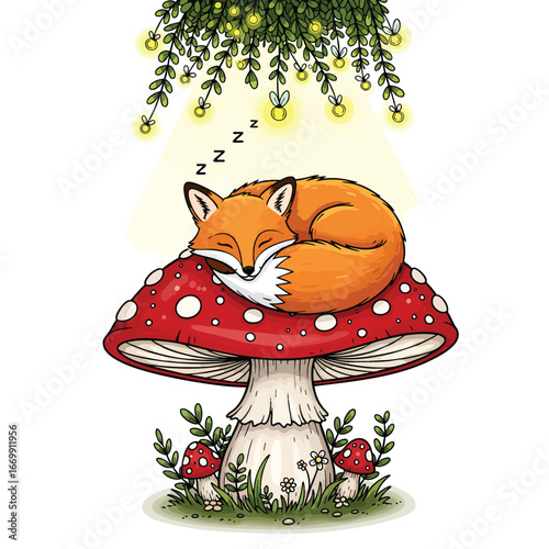 Adorable cartoon fox sleeping peacefully on a large red and white spotted toadstool mushroom under glowing vines.