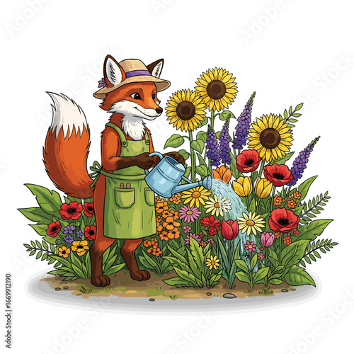 An anthropomorphic cartoon fox wearing a hat and apron waters a colorful flower garden.
