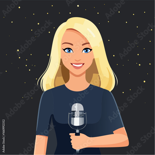 Beautiful blonde woman with microphone on black background