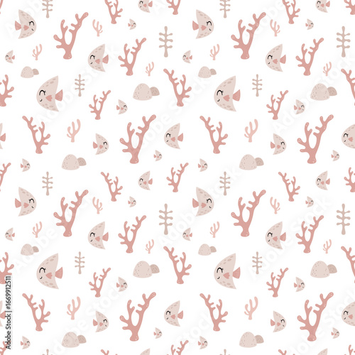 Ocean seamless pattern with cute fish and seaweeds. Sea vector background in cartoon style