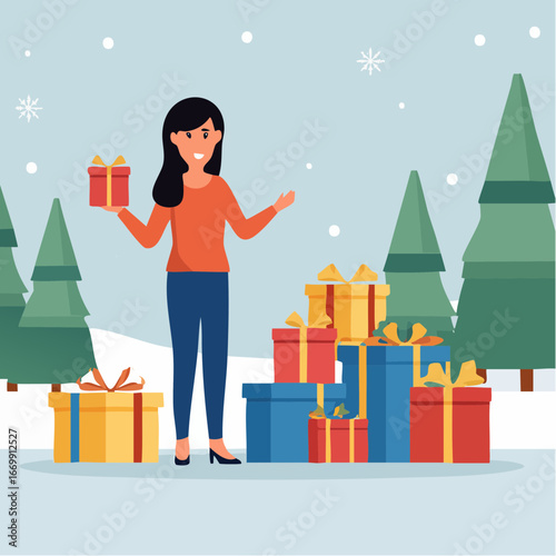 Beautiful brunette woman isolated with christmas gifts.