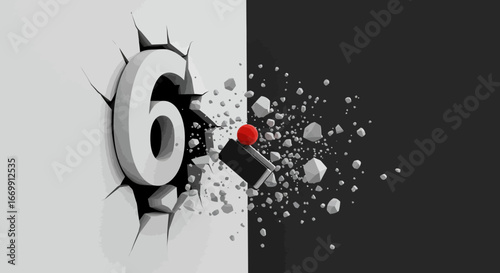 A large white number 6 breaks through a white wall, shattering it into debris against a dark background.