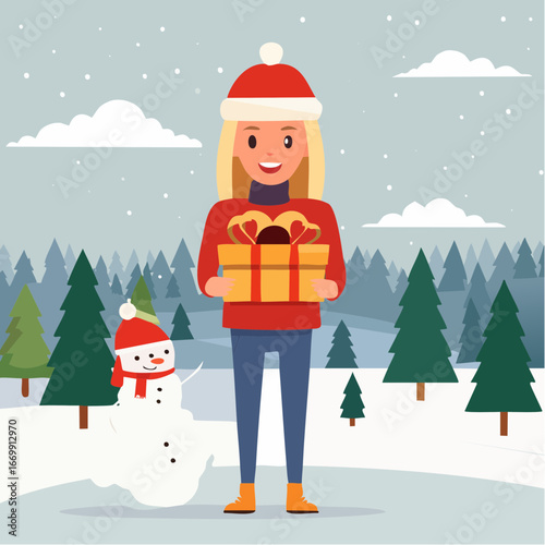 Beautiful blonde girl holding Christmas winter presents
