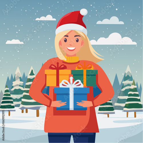 Beautiful blonde girl holding Christmas winter presents