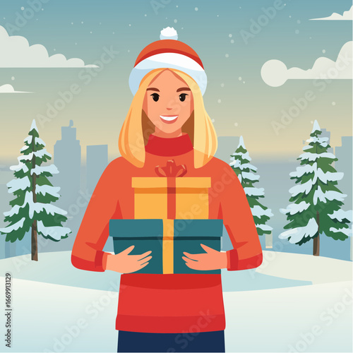 Beautiful blonde girl holding Christmas winter presents