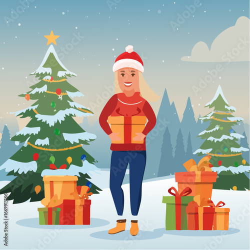 Beautiful blonde girl holding Christmas winter presents