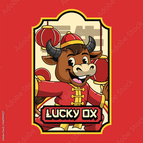 Energetic ox in red traditional outfit doing festive for Lunar New Year sticker illustration