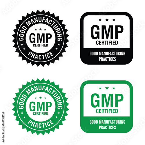 GMP Certified logo. Good Manufacturing Practice Certified Set Badge, Stamp, Icon, Seal, Label, Tag, Emblem For CBD Label Oil and Packaging Design. Vector Illustration