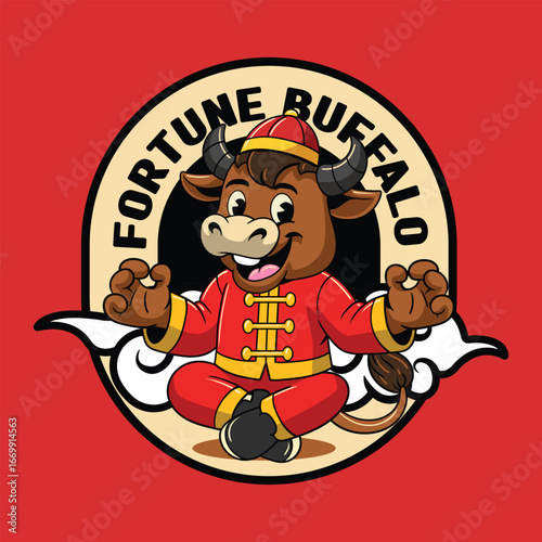 Cartoon Ox in traditional Chinese outfit, sitting cross-legged celebrating Lunar New Year Illustration