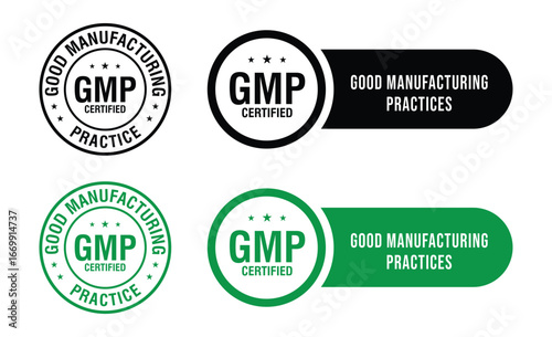 GMP Certified logo. Good Manufacturing Practice Certified Set Badge, Stamp, Icon, Seal, Label, Tag, Emblem For CBD Label Oil and Packaging Design. Vector Illustration