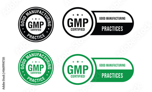 GMP Certified logo. Good Manufacturing Practice Certified Set Badge, Stamp, Icon, Seal, Label, Tag, Emblem For CBD Label Oil and Packaging Design. Vector Illustration