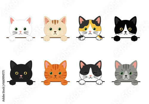 Eight cartoon cats of various colors peering over a ledge, with different expressions, isolated on a white background.