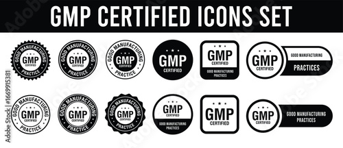 GMP Certified logo. Good Manufacturing Practice Certified Set Badge, Stamp, Icon, Seal, Label, Tag, Emblem For CBD Label Oil and Packaging Design. Vector Illustration