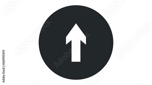 Bold white upward arrow centered in a solid black circle, flat vector icon representing growth, progress, and navigation for business and UI design