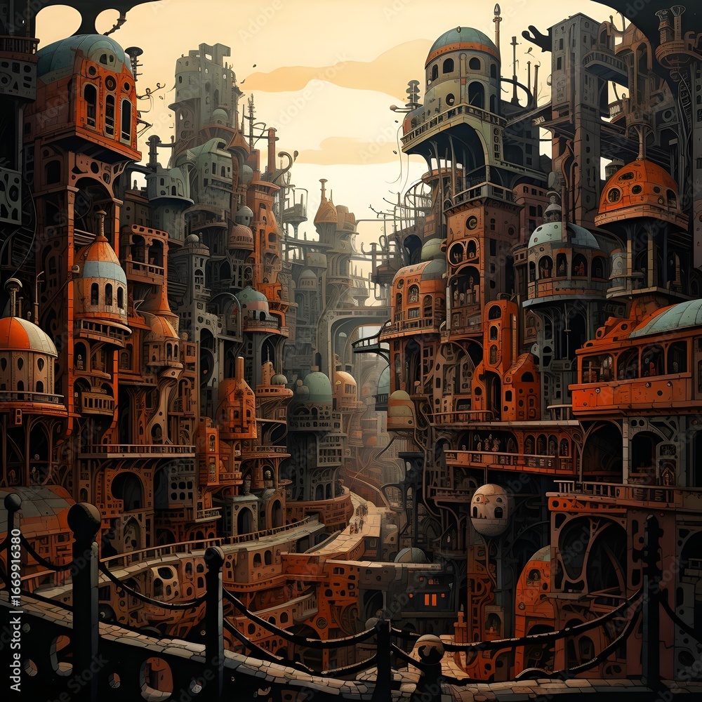 Naklejka premium Fantasy digital illustration of futuristic city with narrow tall buildings, symbolizing dystopia, imagination, storytelling and speculative design, a dramatic scene of vertical architecture and myster