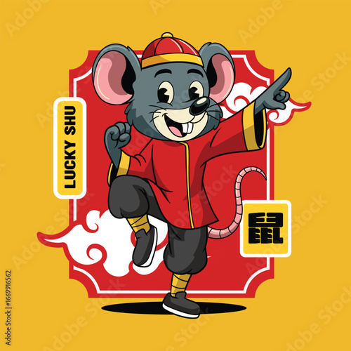 Cute rat celebrating Chinese New Year in traditional red outfit illustration