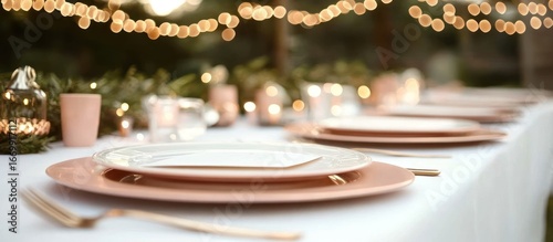 Outdoor dining table setting with rose gold charger plates and blurred festive background.